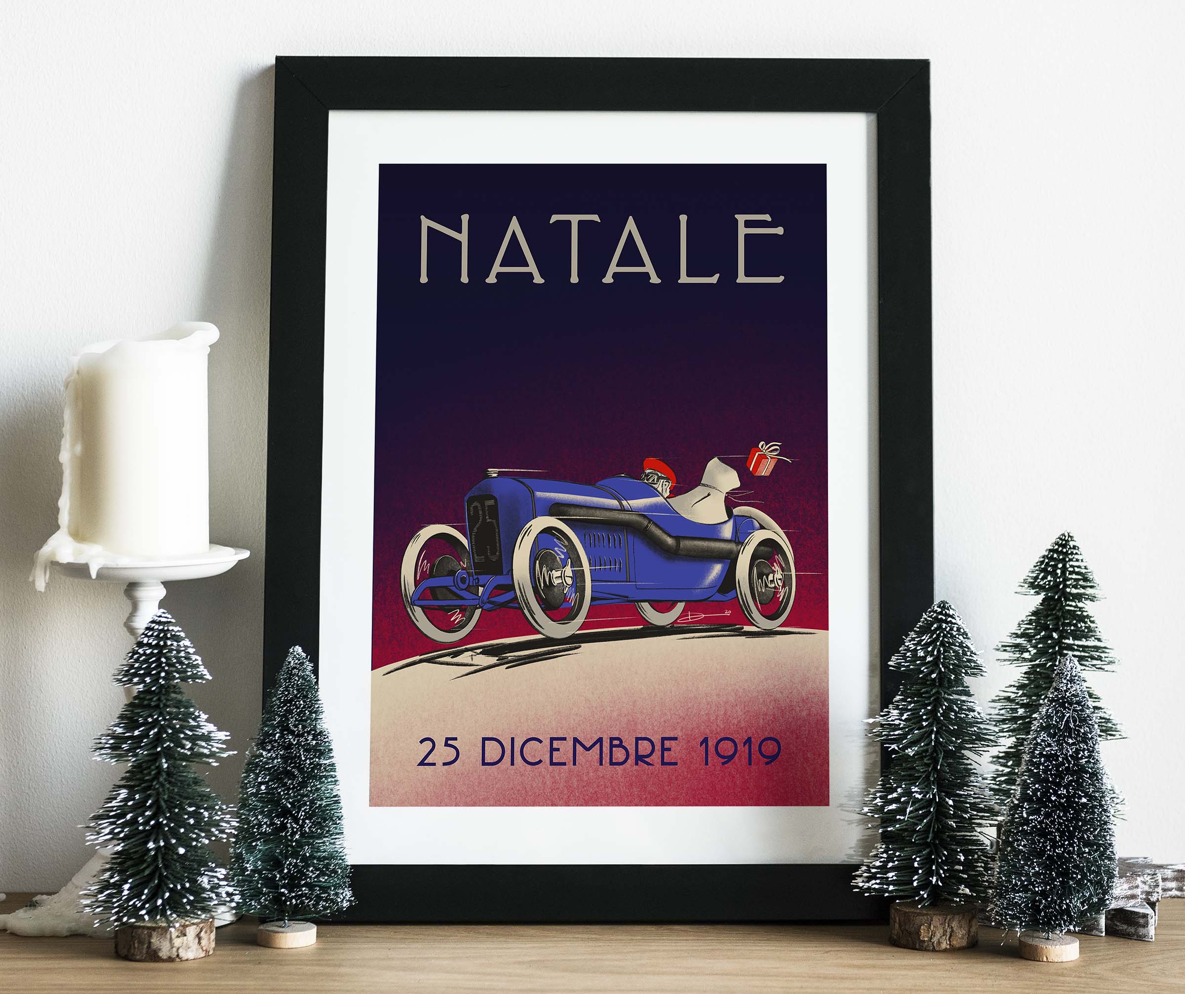 Art Deco style poster showing a 1919 Peugeot EXS racing across a dark blue background with the word 
